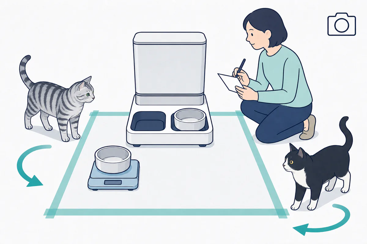 飼い主が二皿の量を別々に量り、二匹の立ち位置と食後の動線を観察する試運転図