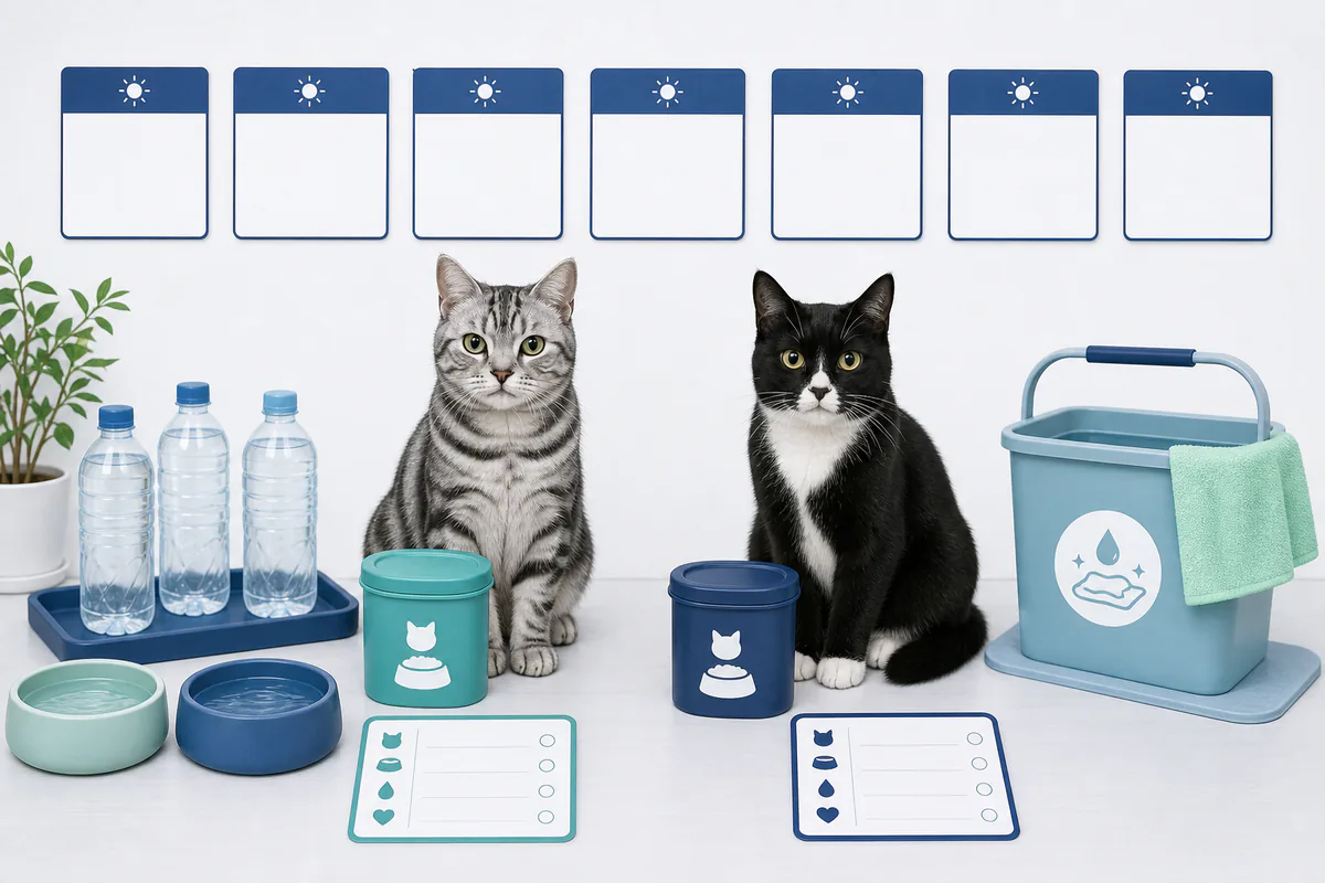2匹の猫それぞれについて、一日量を基準にフードと水を7日分へ分けて数える図