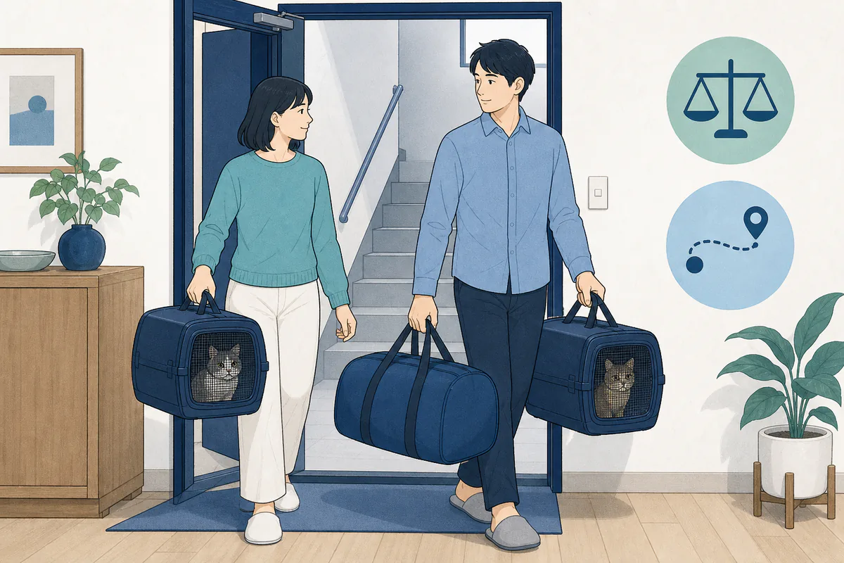 2人が猫のキャリー2台と防災袋を持ち、玄関から運び出す動線を試す図