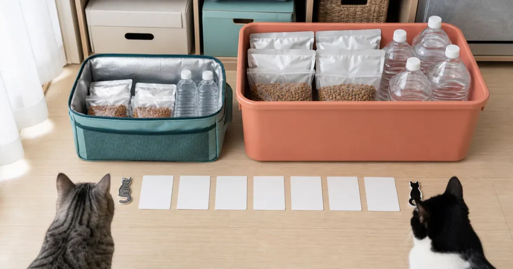 二匹の猫のフードと水を七日分のカードで数え、持ち出し用バッグと自宅用容器へ分けた場面