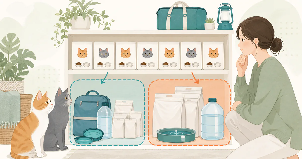 猫2匹それぞれのフードと水を7日分に分け、持ち出し用と自宅用に振り分ける図