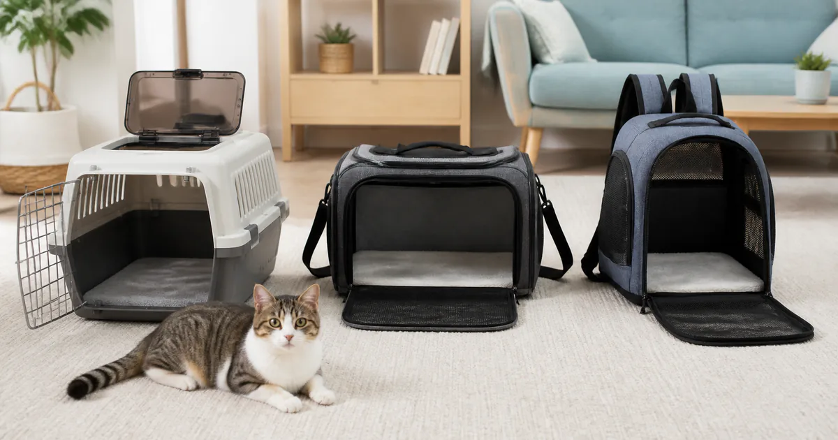 ハード型、ソフト型、リュック型の猫用キャリーを並べ、猫の体格や扉の開き方を比べる場面