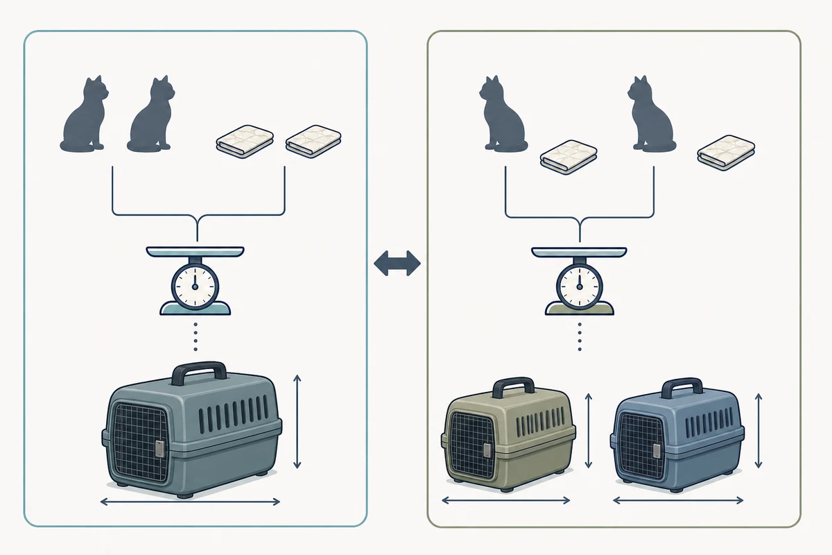 猫2匹を1台にまとめる場合と1匹ずつ2台へ分ける場合の総重量と外寸を比べる図