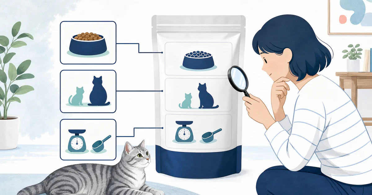 架空の猫用フード袋で目的表示、対象年齢、給与方法を順に確認する図