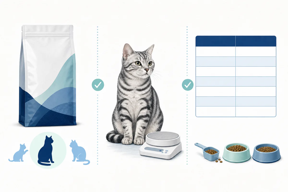 猫用フードの対象年齢と体重別の給与方法を確認する図