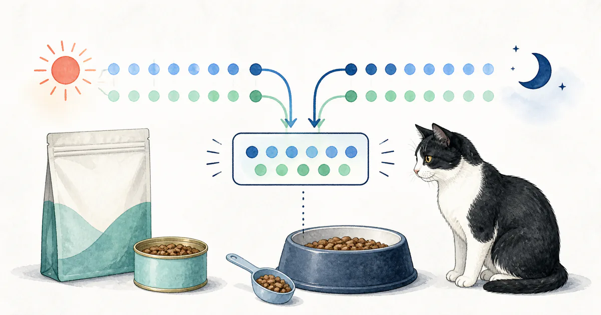 二種類の猫用フードと朝夕の記録を一日全体の量へまとめる図