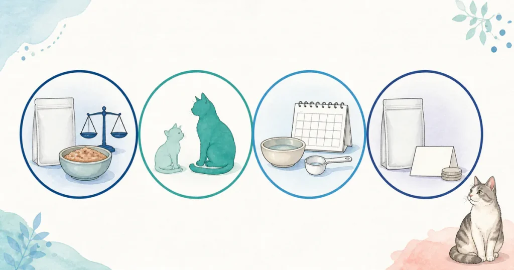 無地のウェットフード袋、子猫と成猫、器とカレンダー、同じ袋と無地カードで四つの確認条件を示す図
