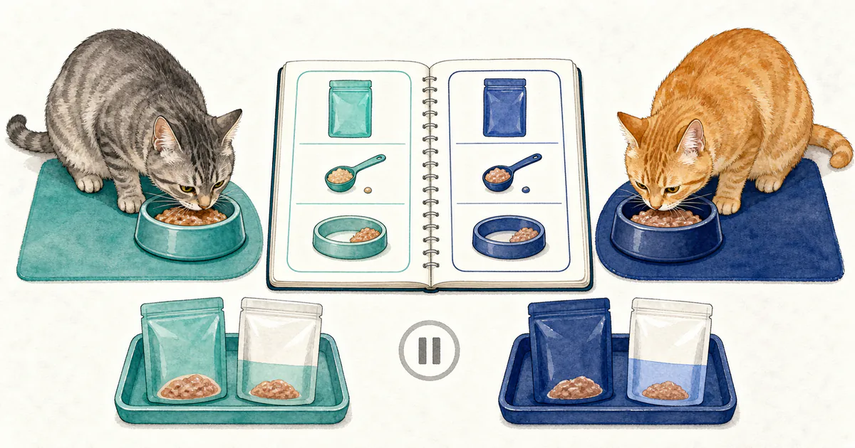 猫ごとに器を分け、フードの切り替えと食べた量を確認する図