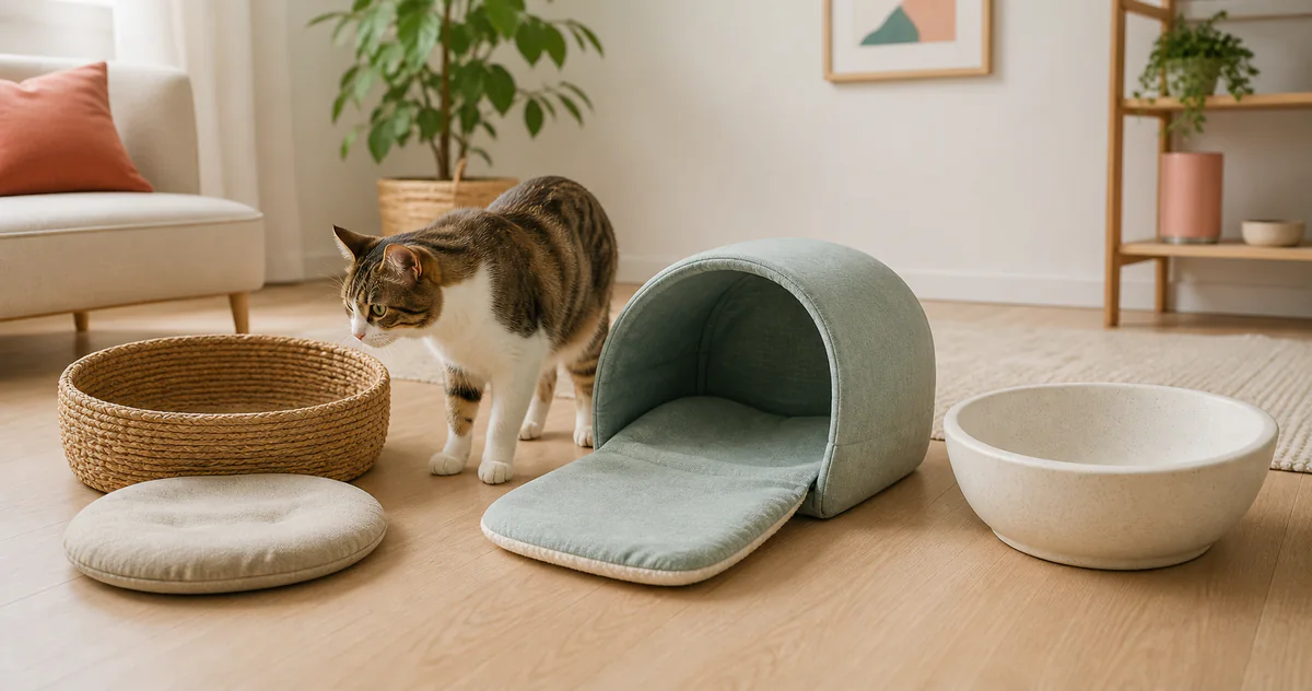 オープン型、半ドーム型、ボウル型の猫用ベッドと、外したクッションを猫が見比べる場面