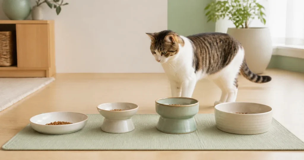 高さ・口径・深さの異なる猫用食器を猫が見比べる場面