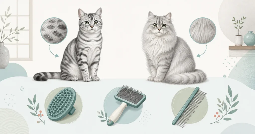 短毛猫と長毛猫の毛質、ラバーブラシ、スリッカーブラシ、コームを見比べる図