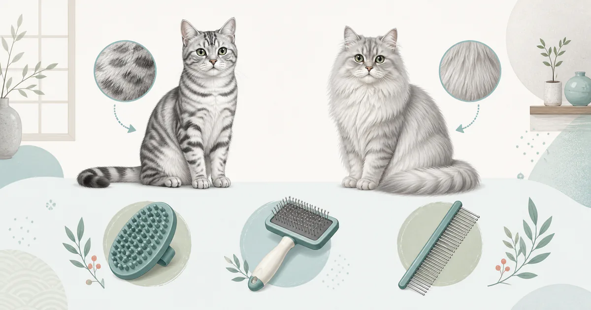 短毛猫と長毛猫の毛質、ラバーブラシ、スリッカーブラシ、コームを見比べる図