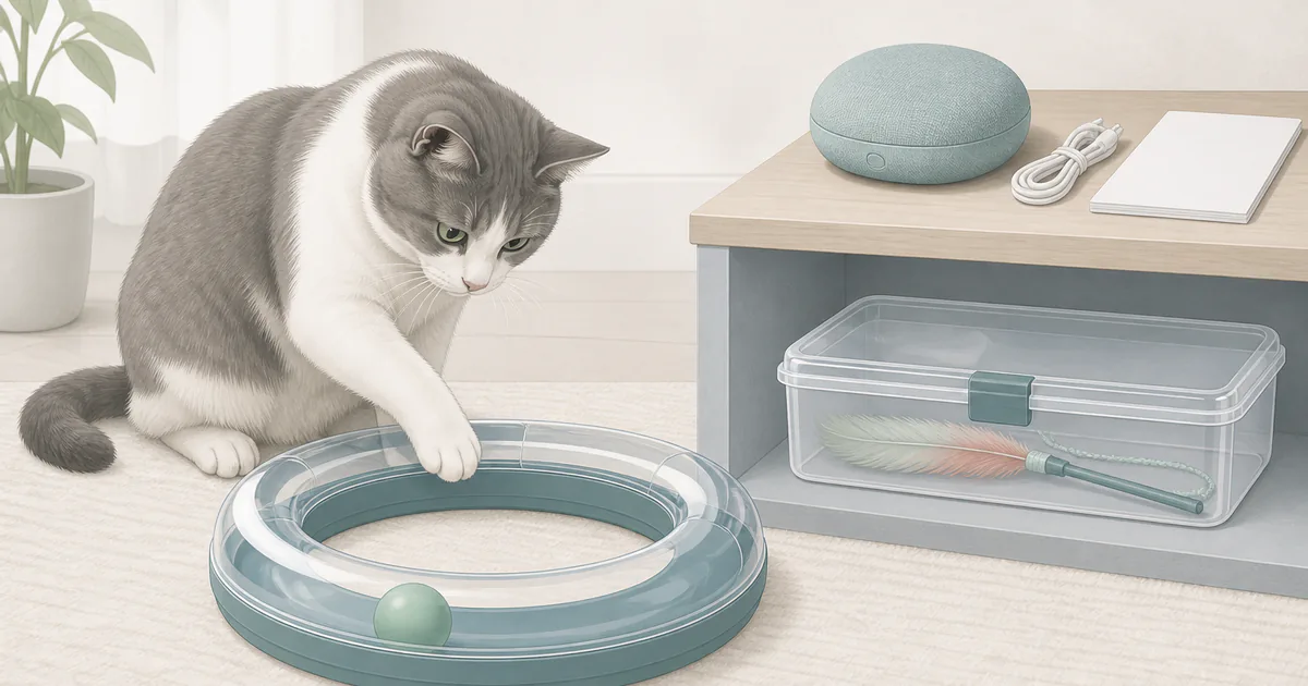 猫が動くおもちゃを追い、遊び終えたひもや羽根を人が片づける様子を示す図