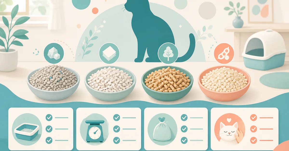 鉱物・紙・木・おからを一般化した4種類の猫砂と比較項目の図