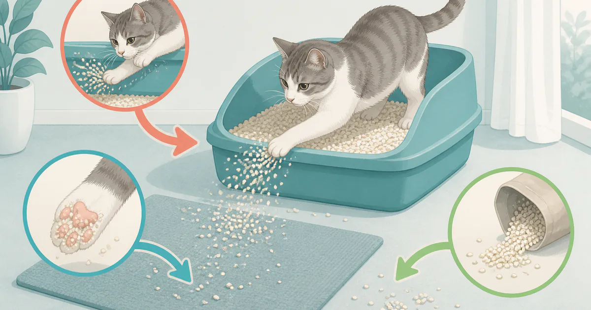 猫が後ろ足で蹴り出す、肉球で持ち出す、補充時にこぼす三つの猫砂散乱経路の図
