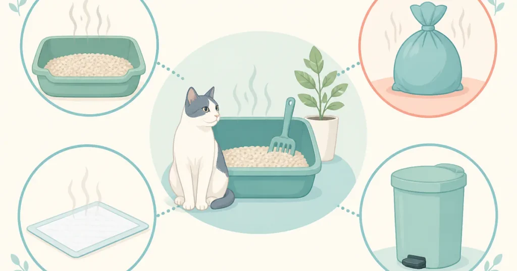 猫トイレ本体、下段シート、処理袋、専用ゴミ箱を別々の臭い発生場所として示す図