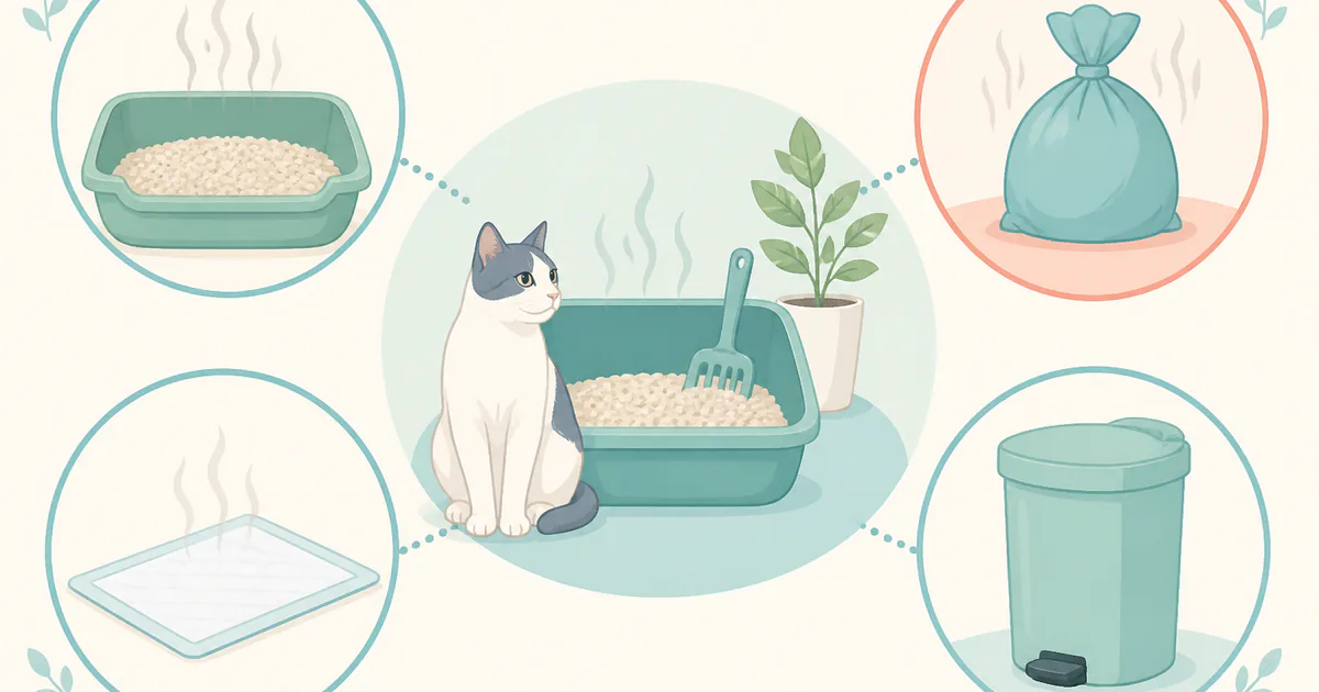 猫トイレ本体、下段シート、処理袋、ゴミ箱の四つのにおいの発生場所を示す図