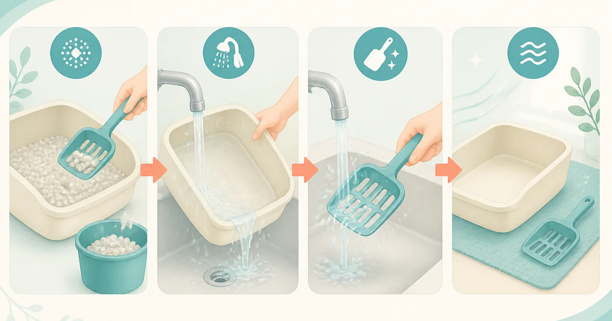 砂を取り除き、部品を分けて洗い、乾燥させて戻す猫トイレ掃除の工程図