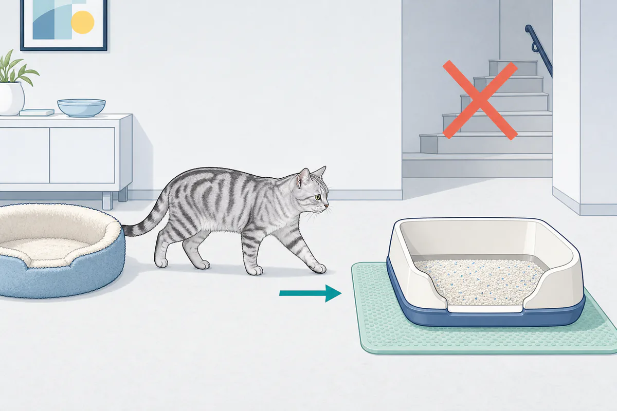高齢猫の寝床と同じ階に低い入口の猫トイレを置き、階段移動を避ける図