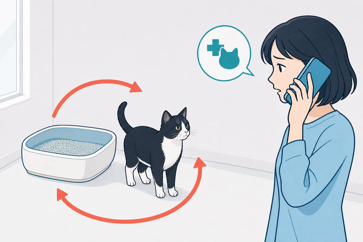 猫が何度もトイレへ向かい、飼い主が動物病院へ電話相談する図