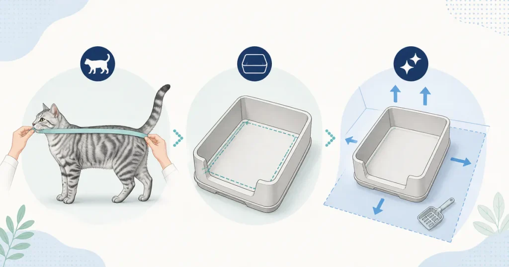 猫の鼻先から尾の付け根、猫トイレの使える内側、設置場所の作業余白を順に測る図