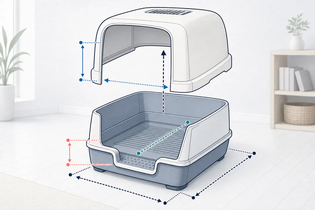 猫トイレの外寸、使える内寸、入口の縦横、床から入口までの高さを別の矢印で示す図