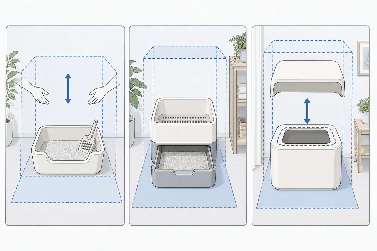 オープン型の持ち上げ、システムトイレの下段引き出し、上から式のふた外しに必要な余白の比較図