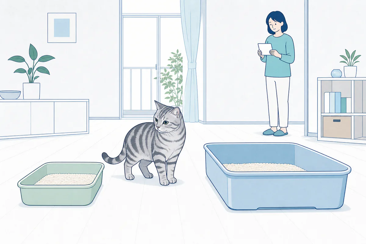 新しい大型猫トイレのそばに従来の猫トイレを残し、飼い主が猫の使い方を観察する図