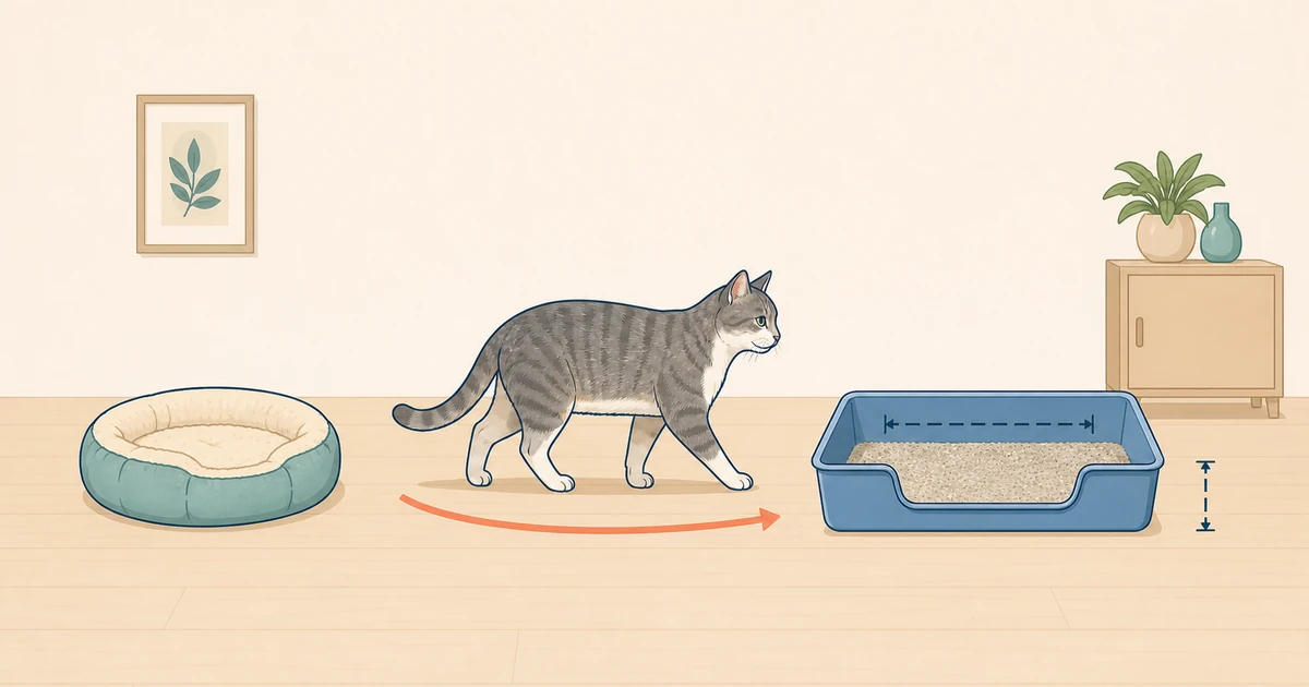 高齢猫が寝床から段差のない短い動線で、広く低い入口の猫トイレへ向かう図