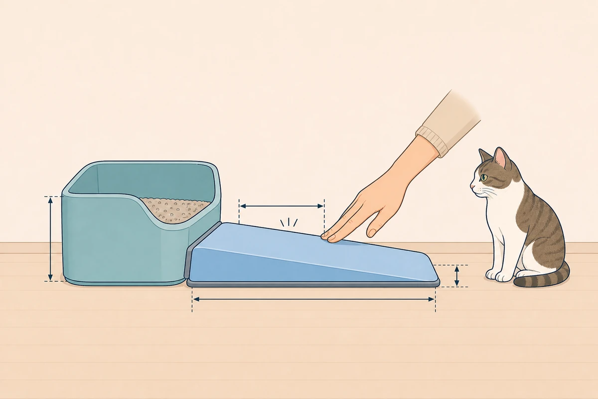 猫トイレ前のスロープについて幅、傾斜、滑り止め、固定、縁の高さを確認する側面図