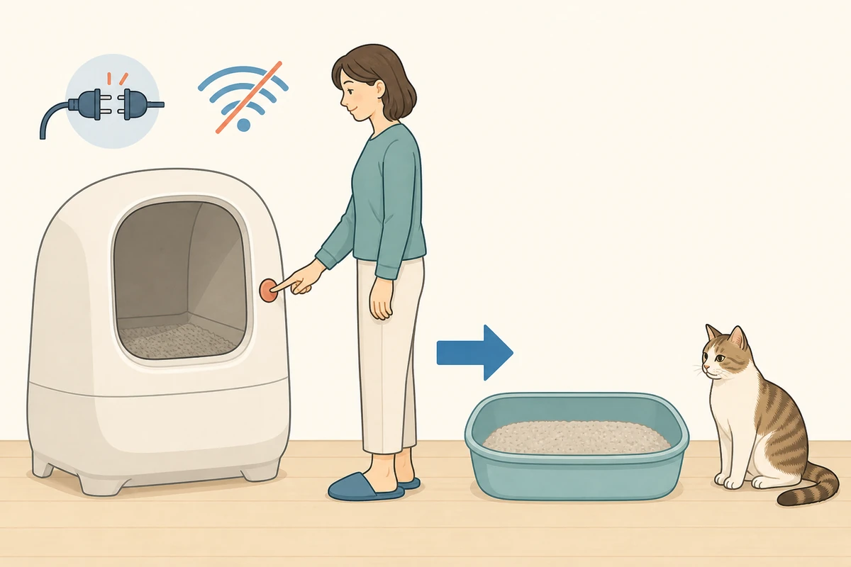 自動猫トイレが停電または通信停止したとき、電源を切って通常の猫トイレを使えるようにする図