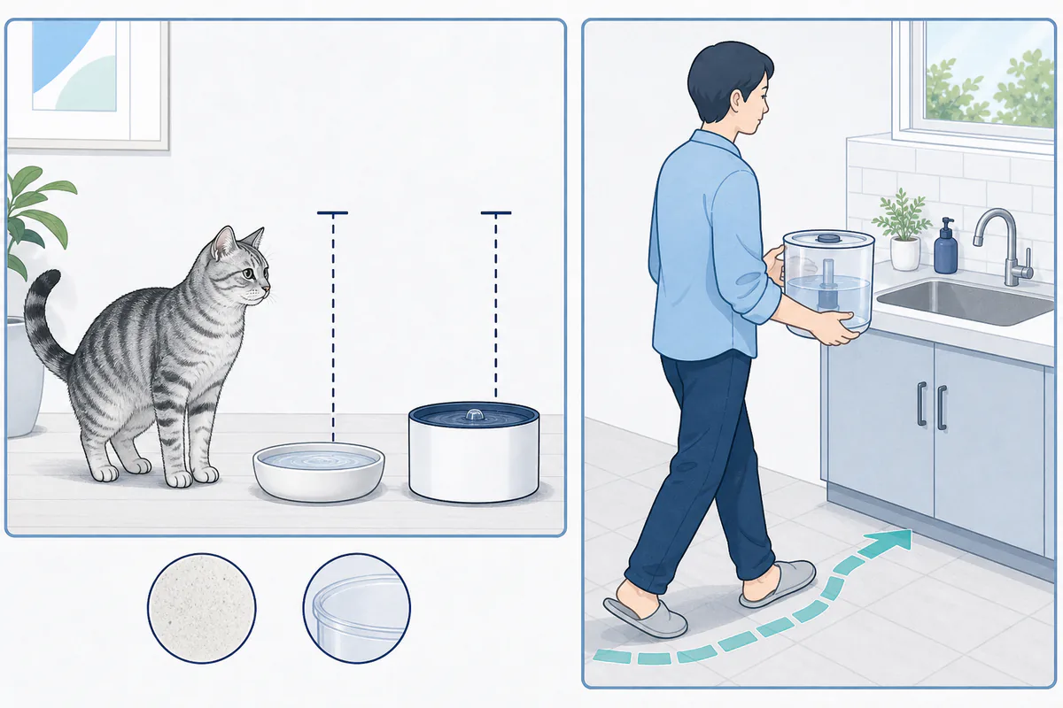 今使っている水皿と候補の飲み口高を比べ、満水の本体を流しまで運ぶ図