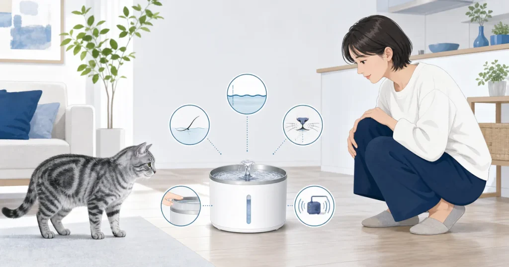 猫用自動給水器の水位、汚れ、毛や食べかす、流れや作動音を飼い主が確認する図