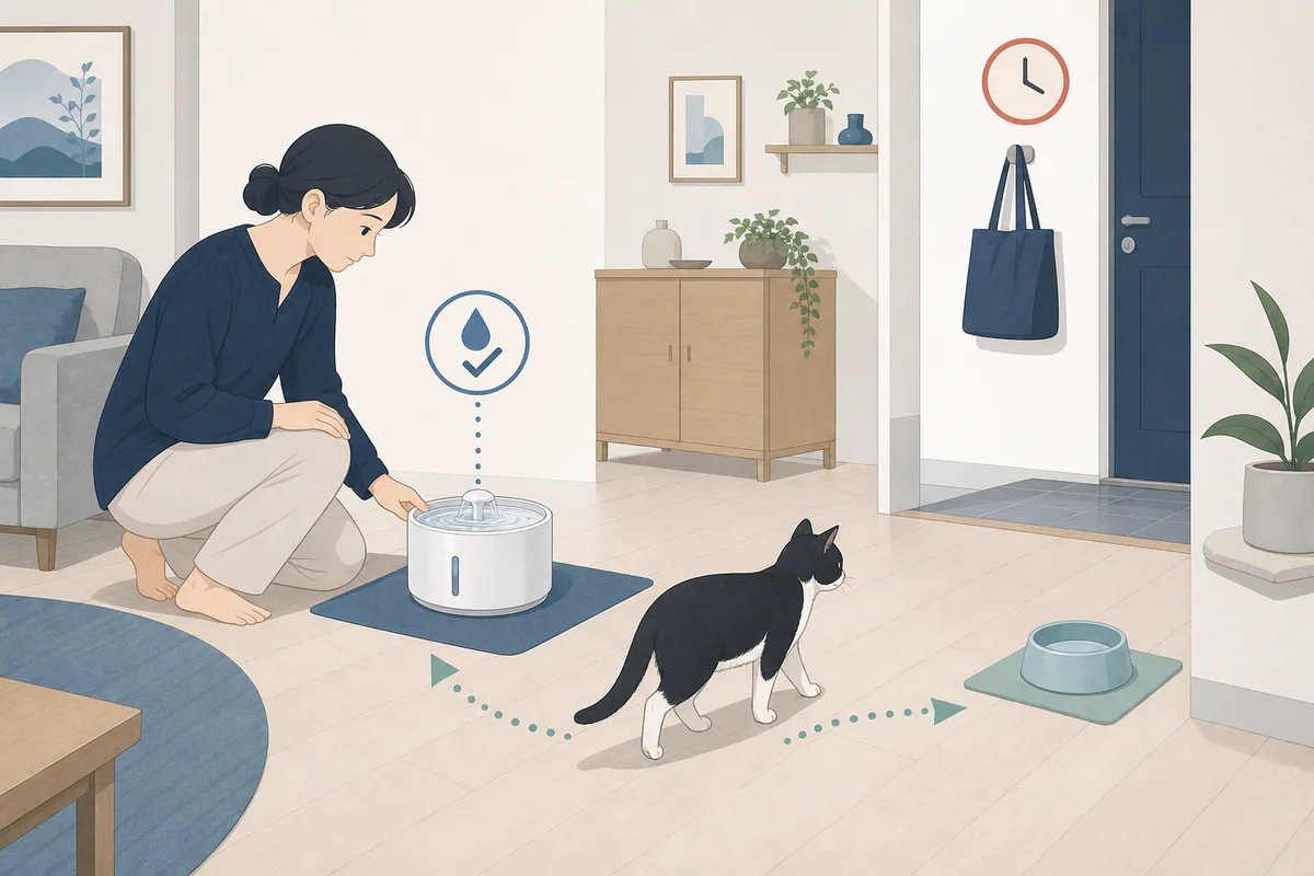 留守前に自動給水器の作動と水漏れを確認し、別の場所に水皿も用意する図