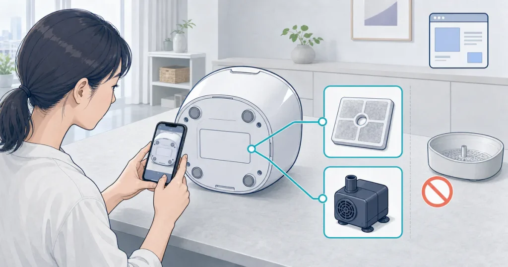 自動給水器の底面ラベルを記録し、交換フィルターとポンプを別々に照合する図