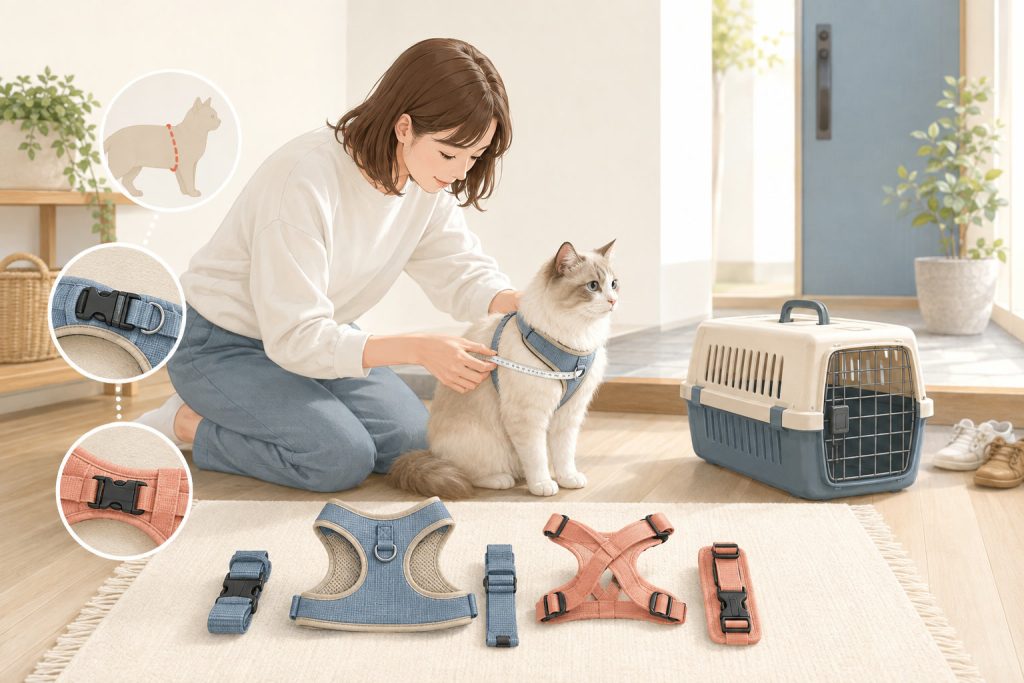 通院前に猫へハーネスを慣らす室内の場面を描いたイラスト