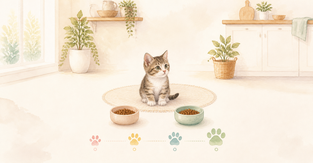子猫と二つの食器、成長段階を表す四つの小さな肉球マーカーを描いた、週齢と一日量の確認用イラスト