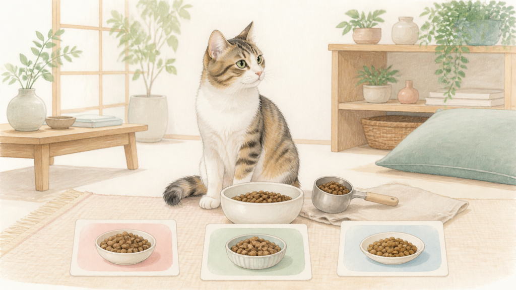 明るい室内で成猫の前に計量したドライフードがあり、手前に三つの無記名の候補が並ぶ編集用イラスト
