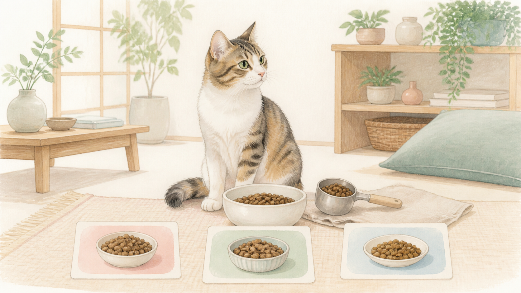 室内で暮らす成猫の前に、フードボウルと計量カップ、候補を表す三つの器が並んでいる
