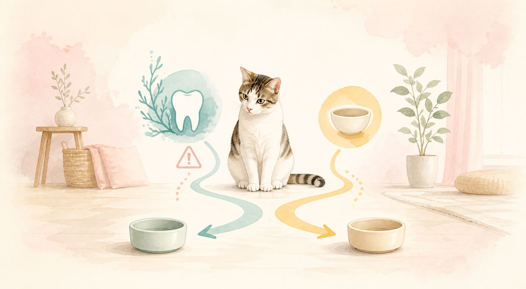 歯のマークと食器を見比べながら、猫の口元ケアを考える様子