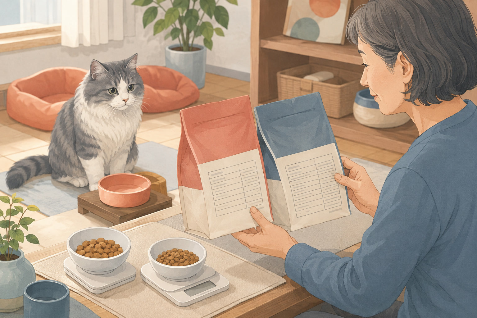 シニア猫の一日分のドライフードを比べる食卓のイラスト