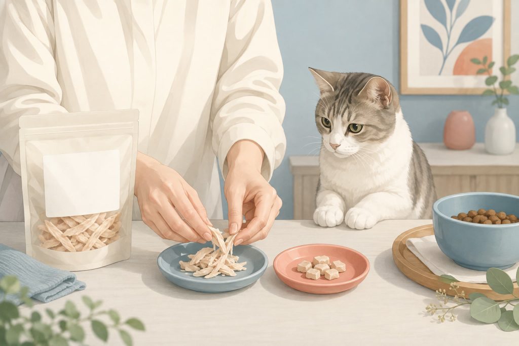 猫へのごほうびに2種類のフリーズドライササミを用意するイラスト