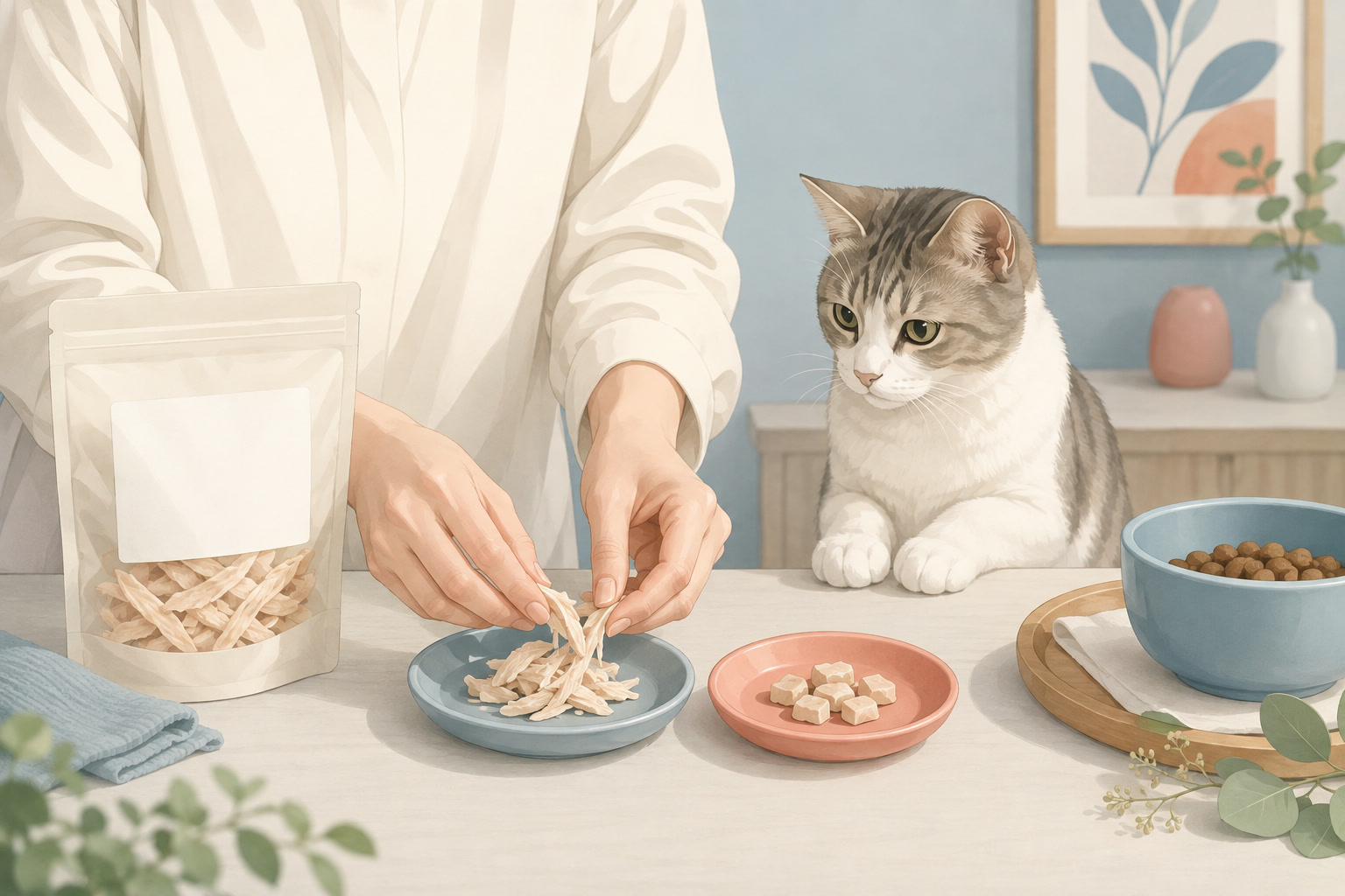 猫へのごほうびに2種類のフリーズドライササミを用意するイラスト