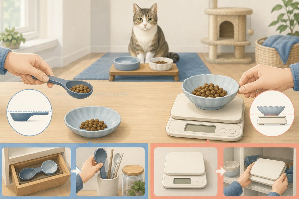 猫のドライフードをスプーン型と台置き型のはかりで量るイラスト