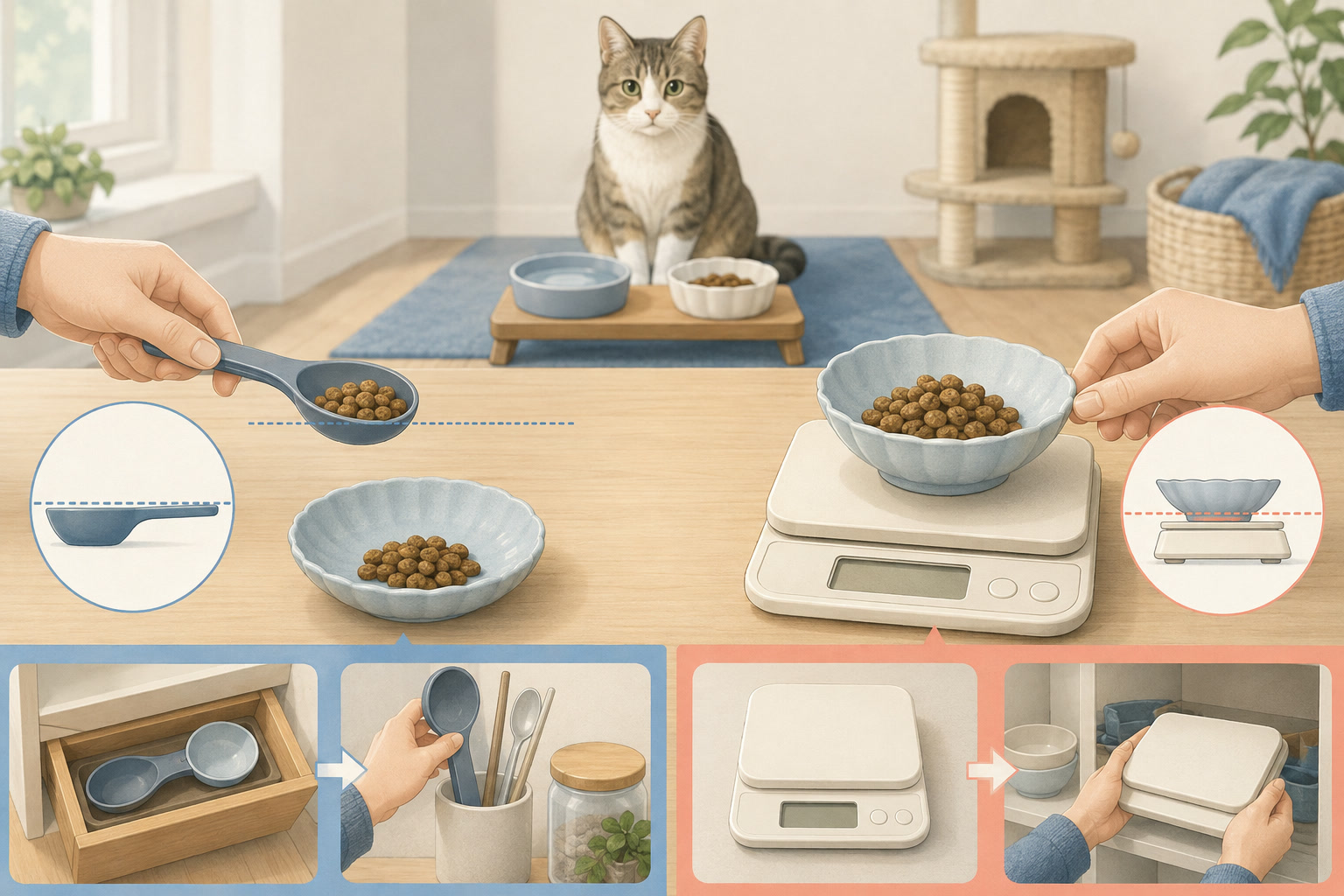 猫のドライフードをスプーン型と台置き型のはかりで量るイラスト