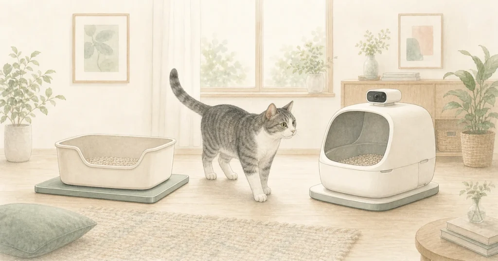 今の猫トイレの下に置く計測ボードと、カメラ付きのスマートトイレを猫が見比べるイラスト