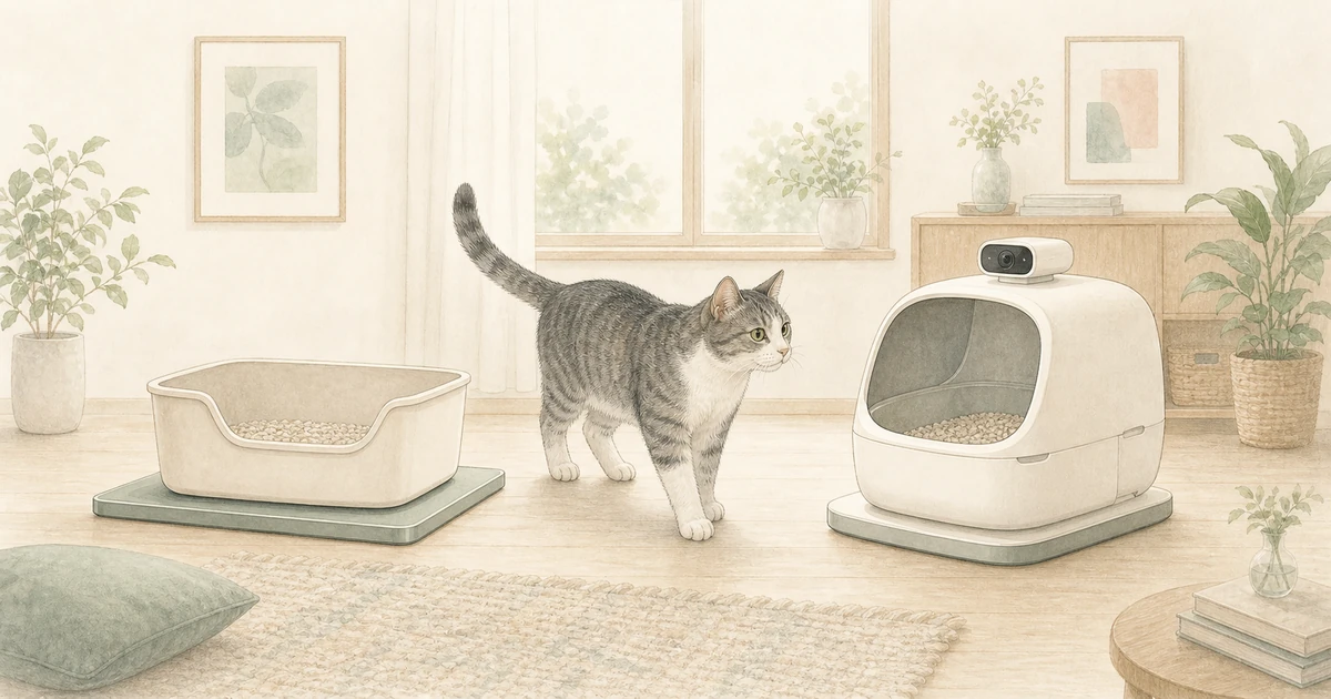 今の猫トイレの下に置く計測ボードと、カメラ付きのスマートトイレを猫が見比べるイラスト