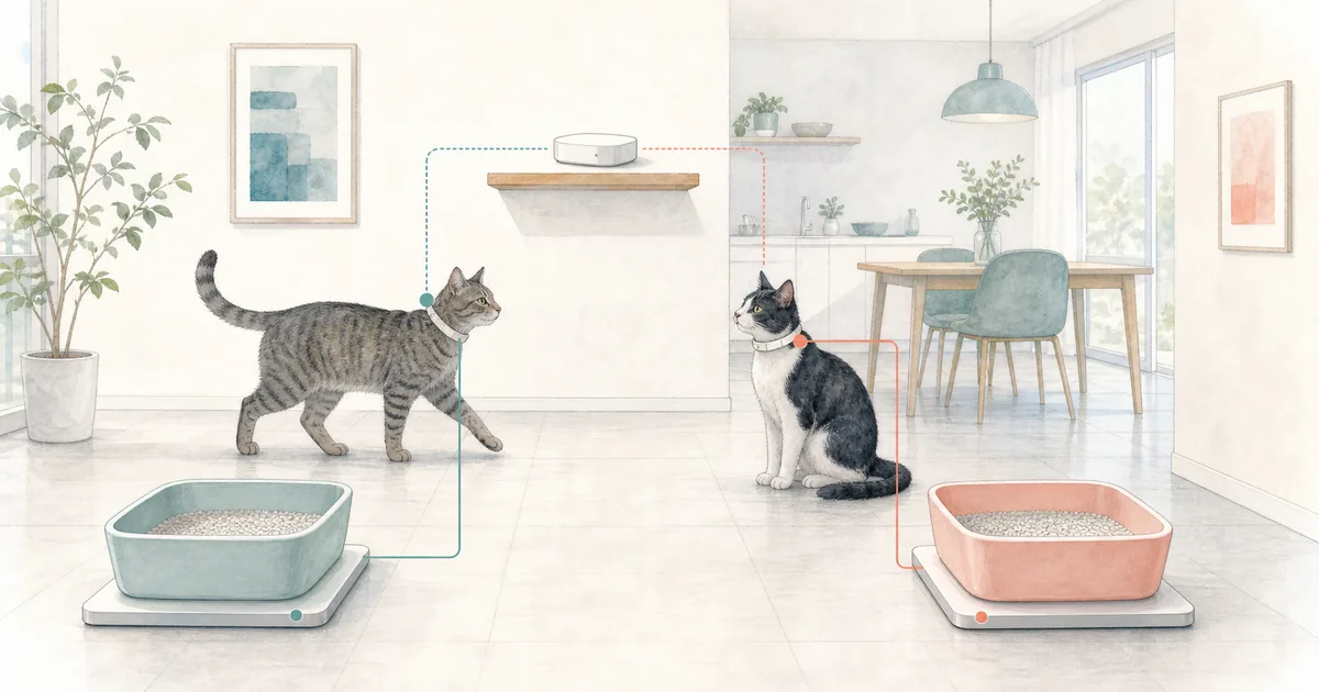 2匹の猫と、それぞれの猫トイレの下に置かれた計測ボードのイラスト
