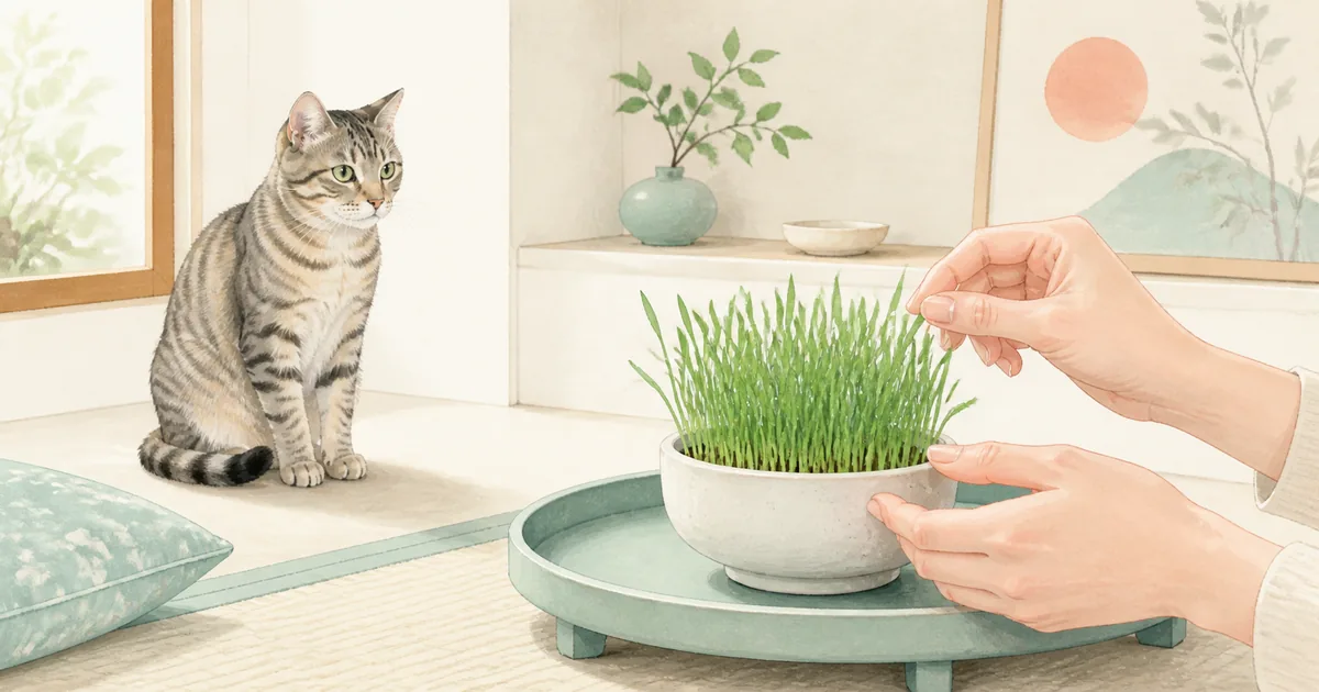室内の安定した台で育つ猫草を、飼い主と猫が一緒に眺めている様子