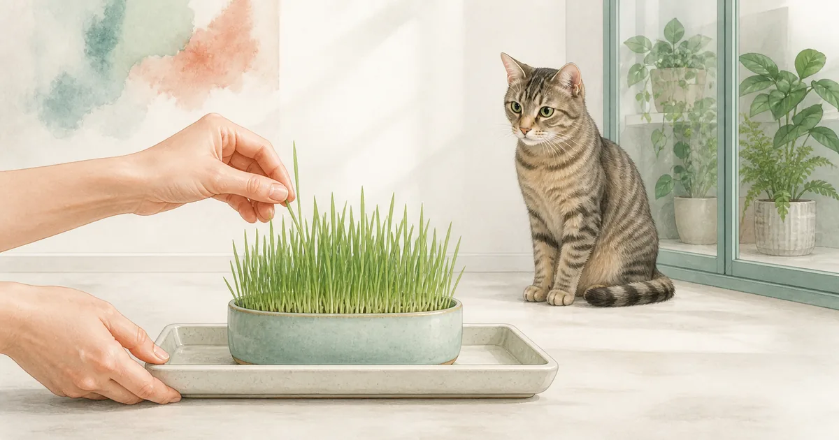 低い受け皿に置いた猫草の葉を飼い主が確かめ、猫がそばで待っている様子